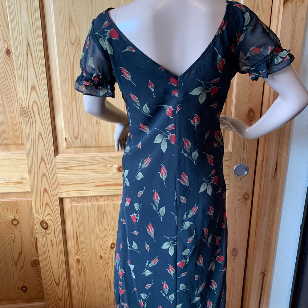 Vintage 90s Y2k Fredericks of Hollywood Black Red Midi Dress Roses Size 6 Floral - Picture 2 of 16